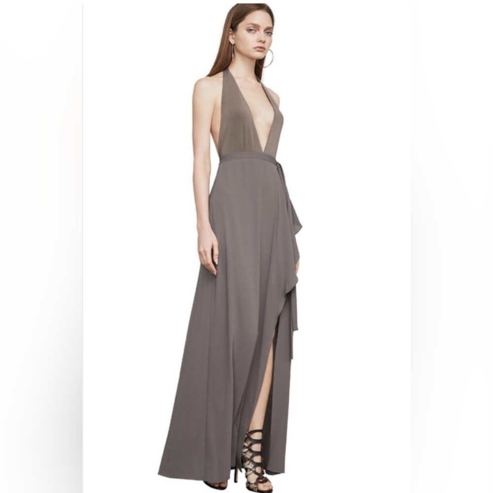 BCBGMAXAZRIA Angeline Halter Front Slit Ruffle Maxi Dress Gown 12